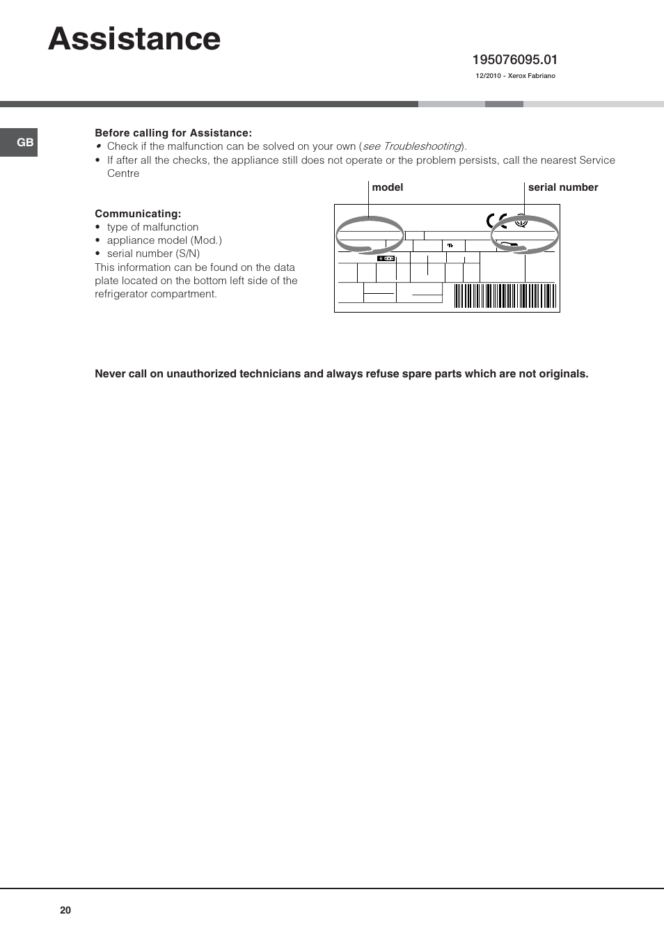Assistance, Model serial number | Hotpoint Ariston Combinato SBM 1827V-HA User Manual | Page 20 / 72