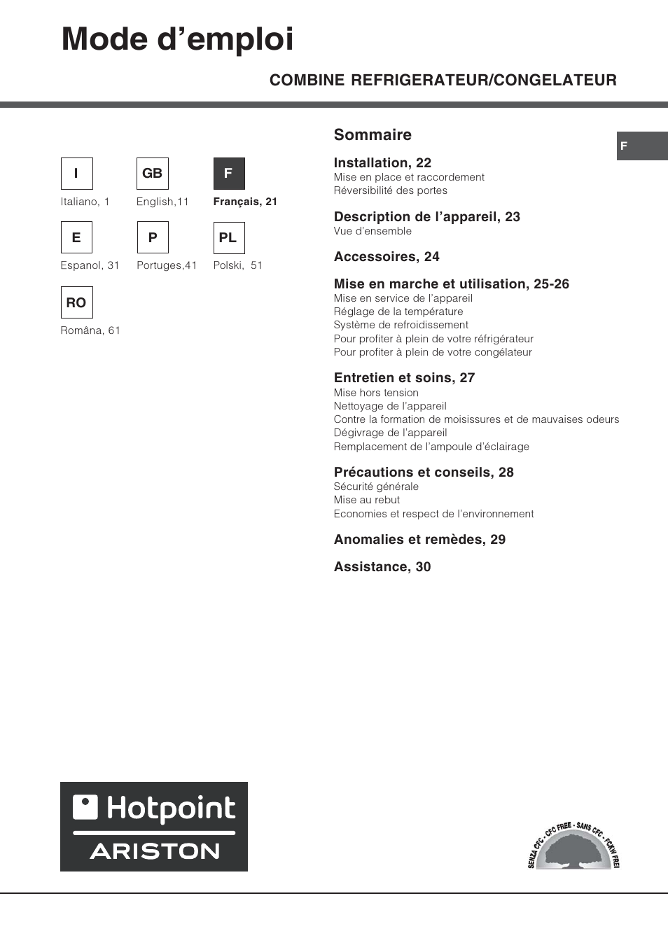Mode demploi, Combine refrigerateur/congelateur, Sommaire | Hotpoint Ariston Combinato SBM 1827V-HA User Manual | Page 21 / 72