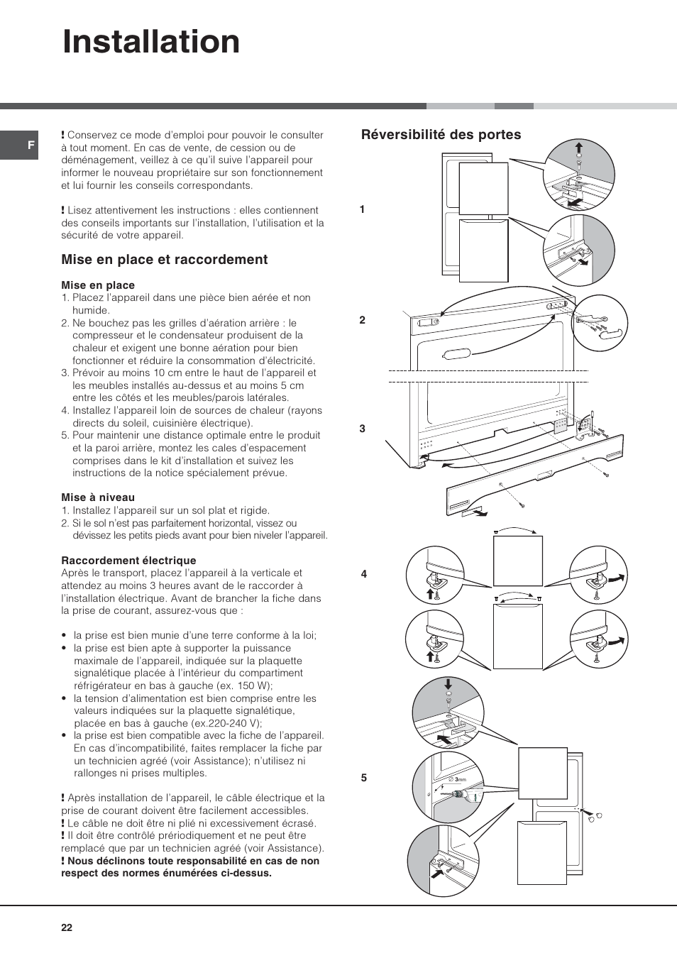Installation, Mise en place et raccordement, Réversibilité des portes | Hotpoint Ariston Combinato SBM 1827V-HA User Manual | Page 22 / 72