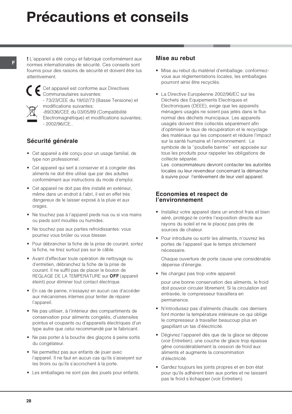Précautions et conseils, Mise au rebut, Economies et respect de lenvironnement | Sécurité générale | Hotpoint Ariston Combinato SBM 1827V-HA User Manual | Page 28 / 72