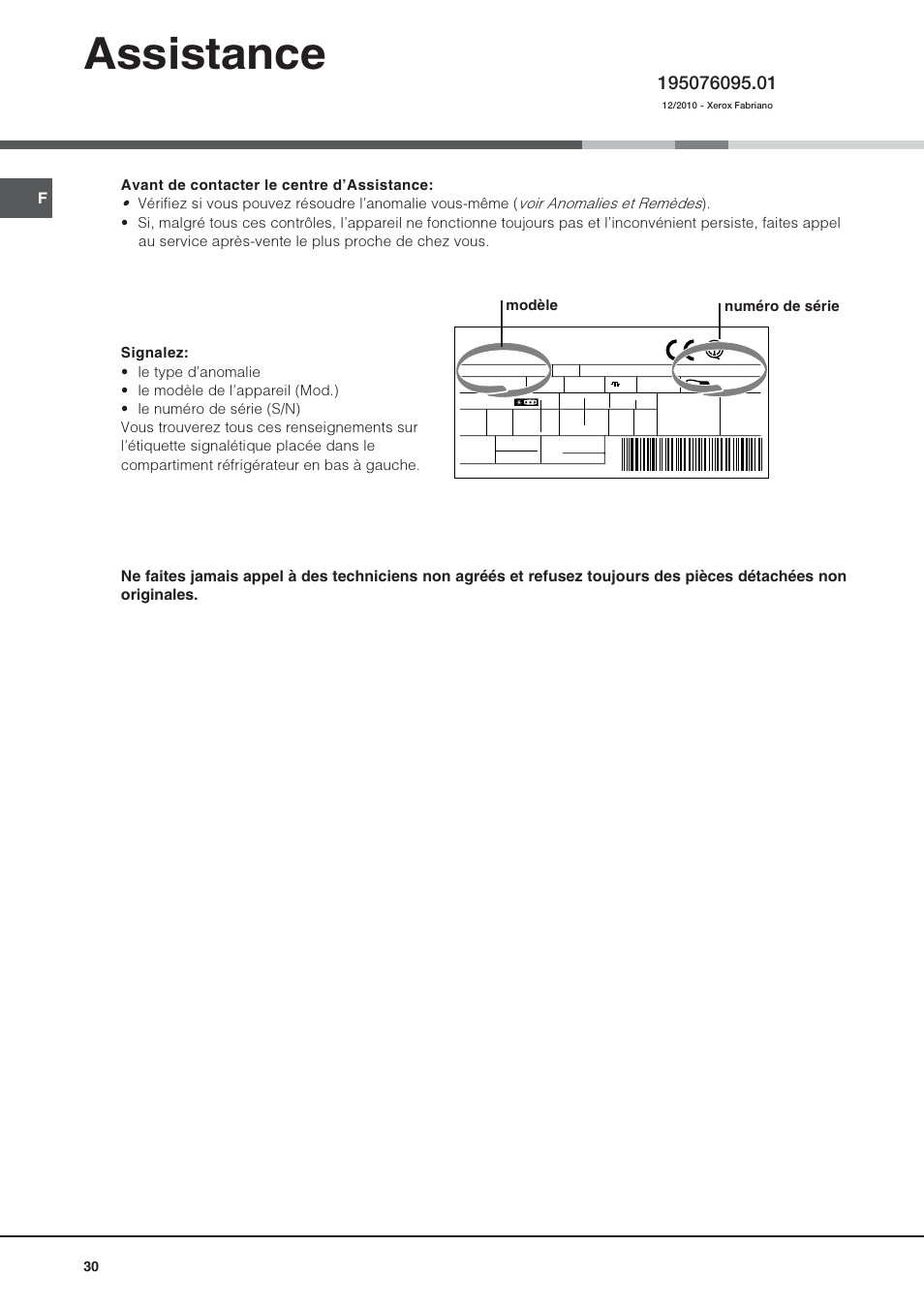 Assistance, Modèle numéro de série | Hotpoint Ariston Combinato SBM 1827V-HA User Manual | Page 30 / 72