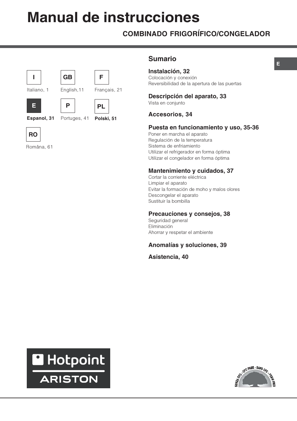 Manual de instrucciones, Combinado frigorífico/congelador, Sumario | Hotpoint Ariston Combinato SBM 1827V-HA User Manual | Page 31 / 72