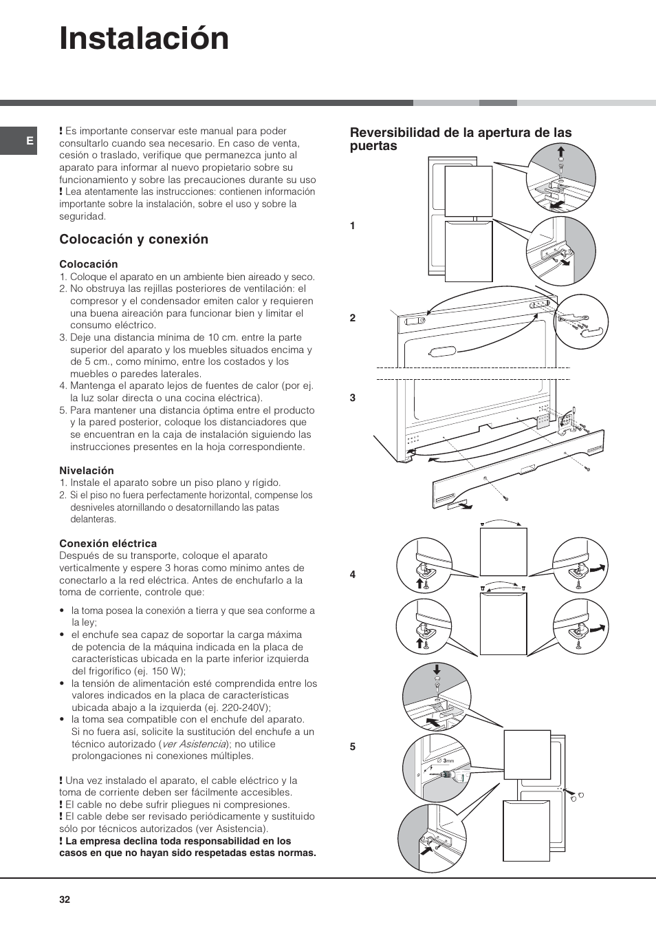Instalación, Reversibilidad de la apertura de las puertas, Colocación y conexión | Hotpoint Ariston Combinato SBM 1827V-HA User Manual | Page 32 / 72
