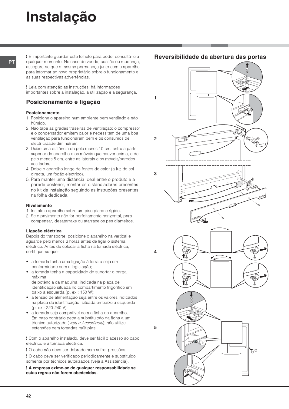 Instalação, Posicionamento e ligação, Reversibilidade da abertura das portas | Hotpoint Ariston Combinato SBM 1827V-HA User Manual | Page 42 / 72