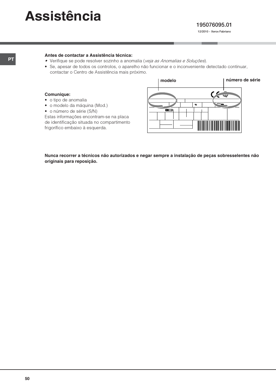 Assistência, Modelo número de série | Hotpoint Ariston Combinato SBM 1827V-HA User Manual | Page 50 / 72
