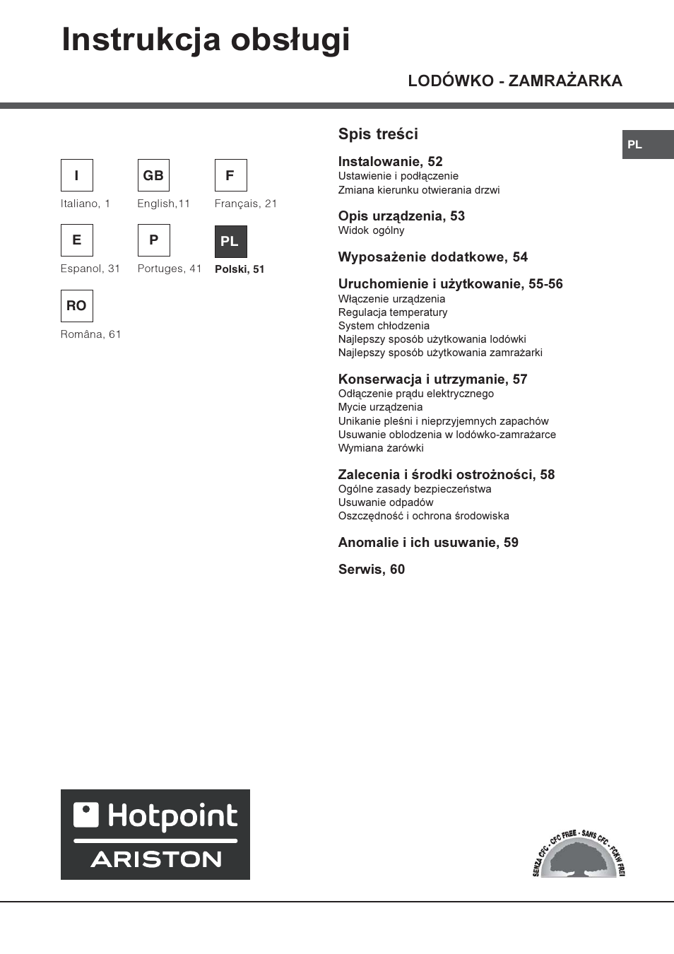 Instrukcja obs³ugi, Lodówko - zamra¯arka, Spis treci | Hotpoint Ariston Combinato SBM 1827V-HA User Manual | Page 51 / 72