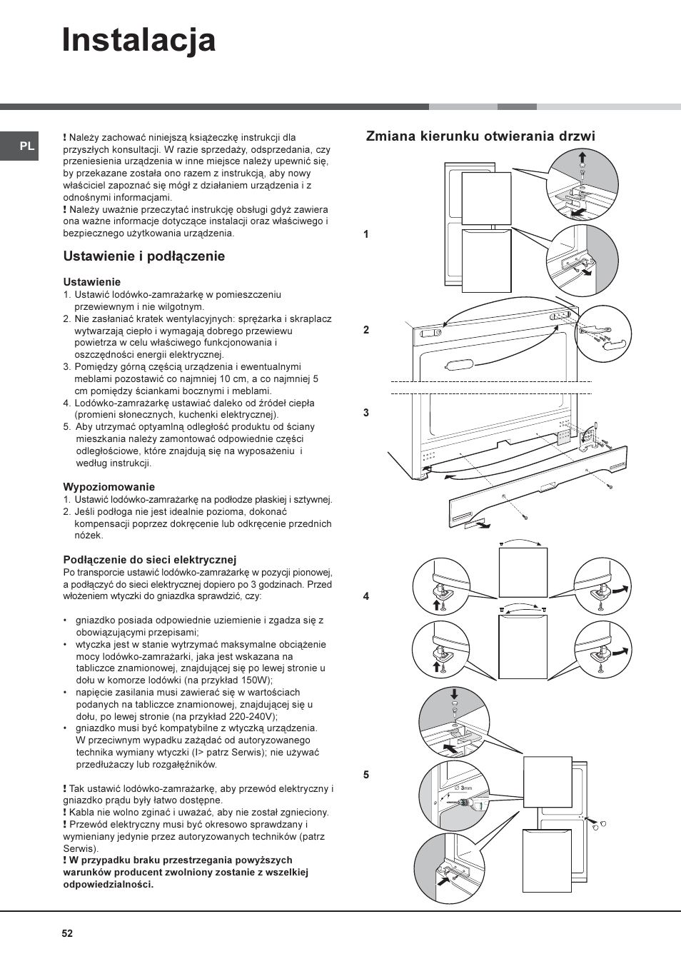 Instalacja, Ustawienie i pod³¹czenie, Zmiana kierunku otwierania drzwi | Hotpoint Ariston Combinato SBM 1827V-HA User Manual | Page 52 / 72
