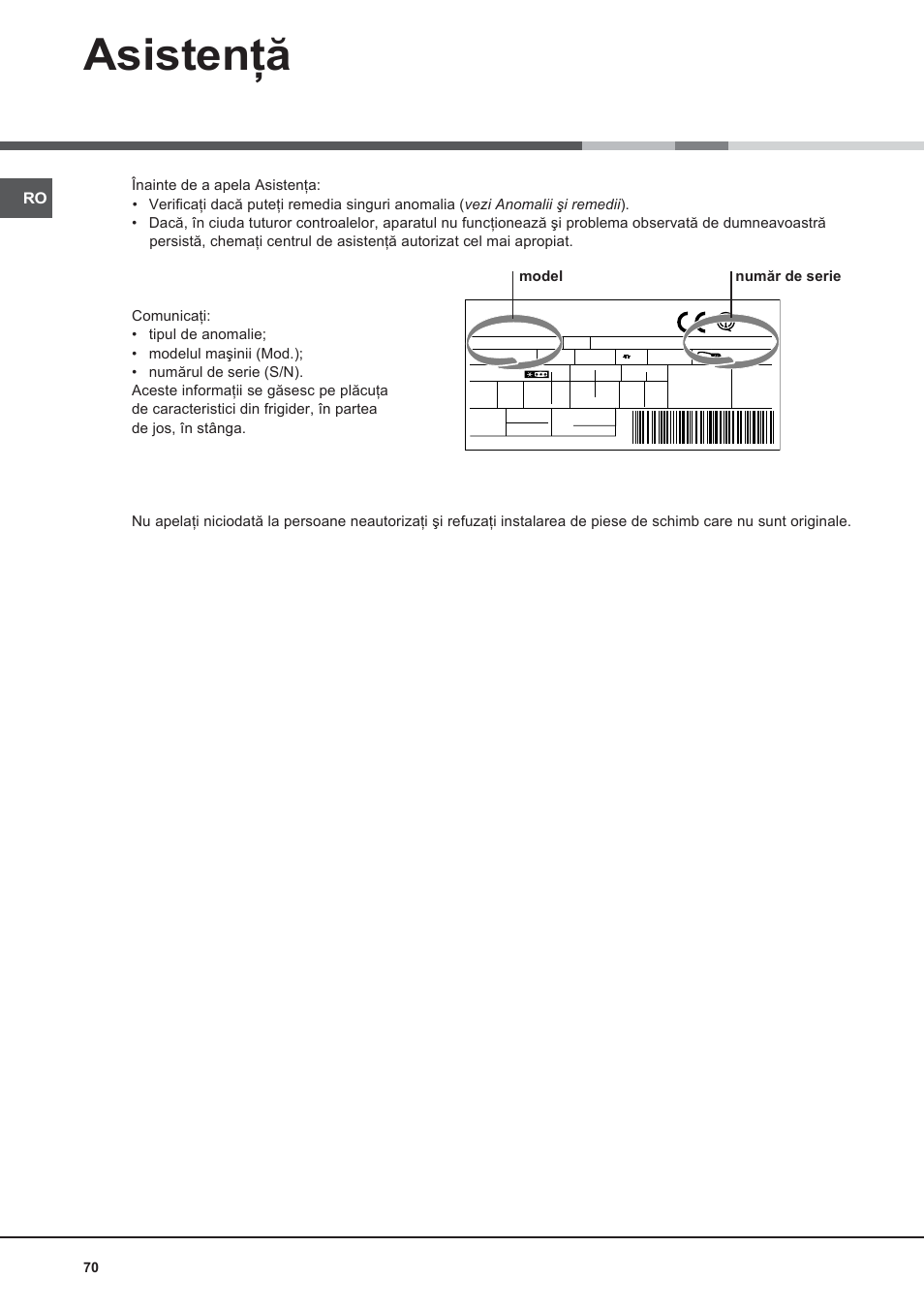 Hotpoint Ariston Combinato SBM 1827V-HA User Manual | Page 70 / 72