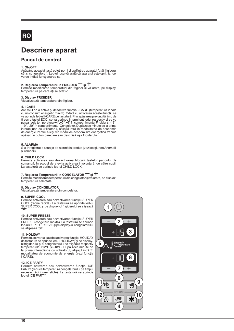 Descriere aparat, Panoul de control | Hotpoint Ariston Combinato EBDH 18223 F User Manual | Page 10 / 52