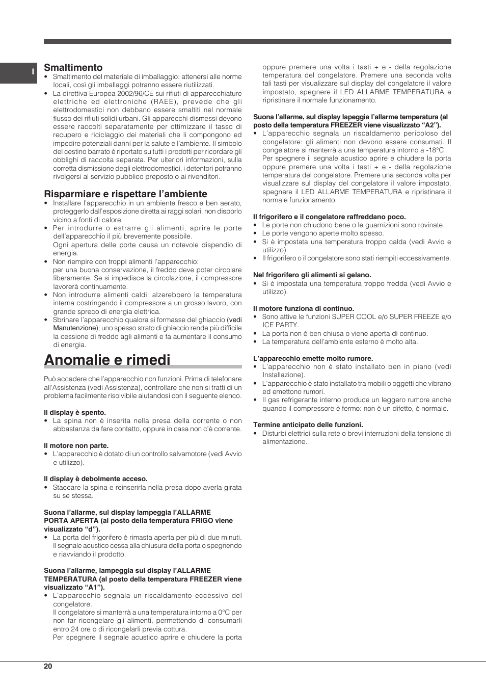 Anomalie e rimedi, Smaltimento, Risparmiare e rispettare l’ambiente | Hotpoint Ariston Combinato EBDH 18223 F User Manual | Page 20 / 52