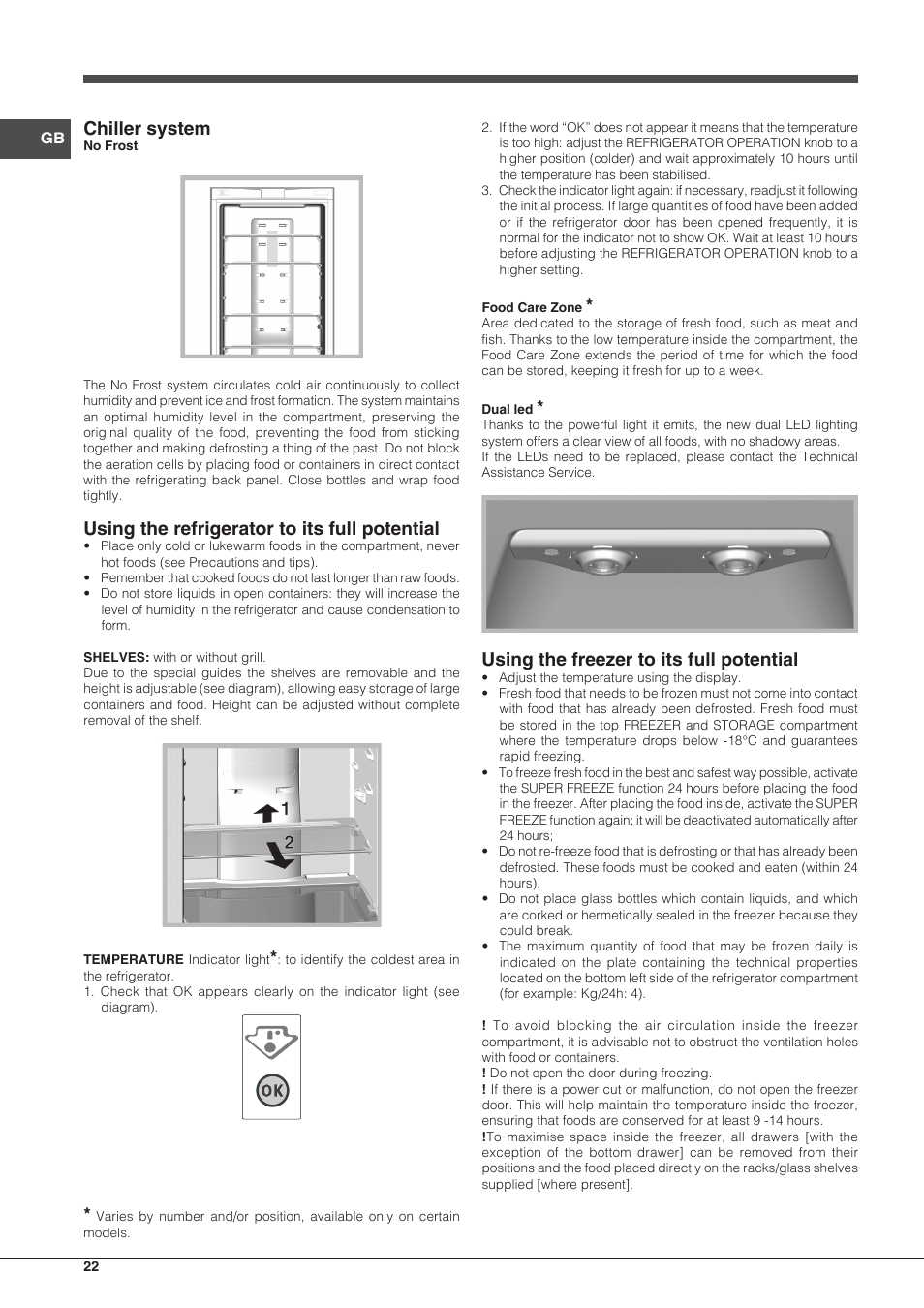 Chiller system, Using the refrigerator to its full potential, Using the freezer to its full potential | Hotpoint Ariston Combinato EBDH 18223 F User Manual | Page 22 / 52