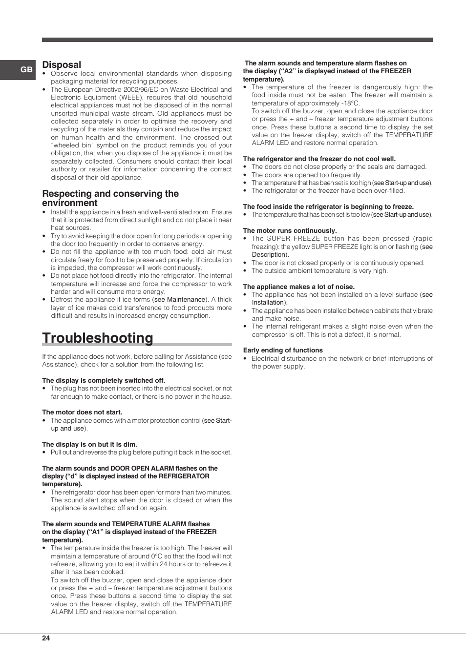 Troubleshooting, Disposal, Respecting and conserving the environment | Hotpoint Ariston Combinato EBDH 18223 F User Manual | Page 24 / 52