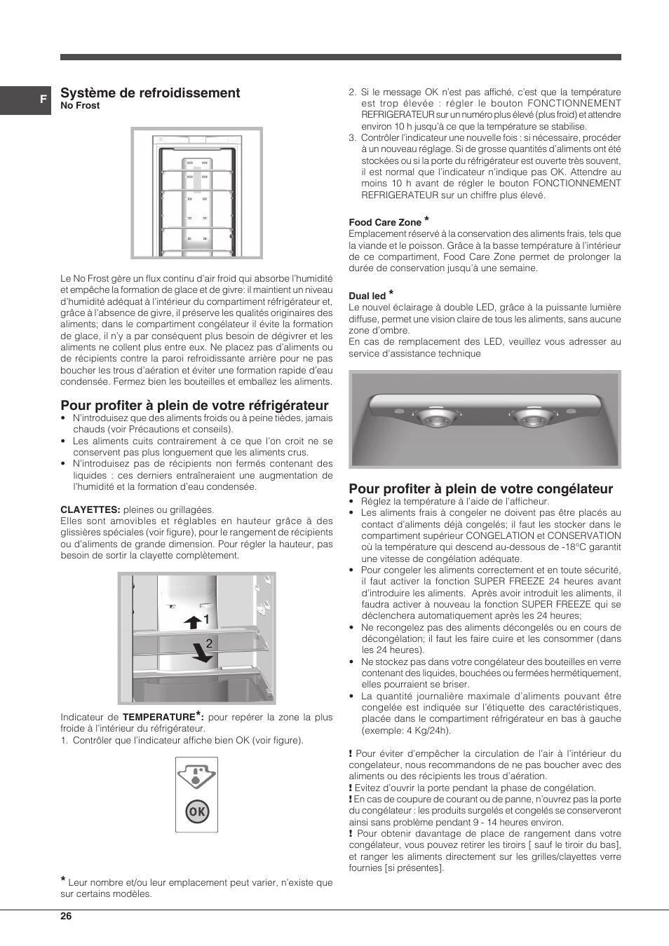 Système de refroidissement, Pour profiter à plein de votre réfrigérateur, Pour profiter à plein de votre congélateur | Hotpoint Ariston Combinato EBDH 18223 F User Manual | Page 26 / 52