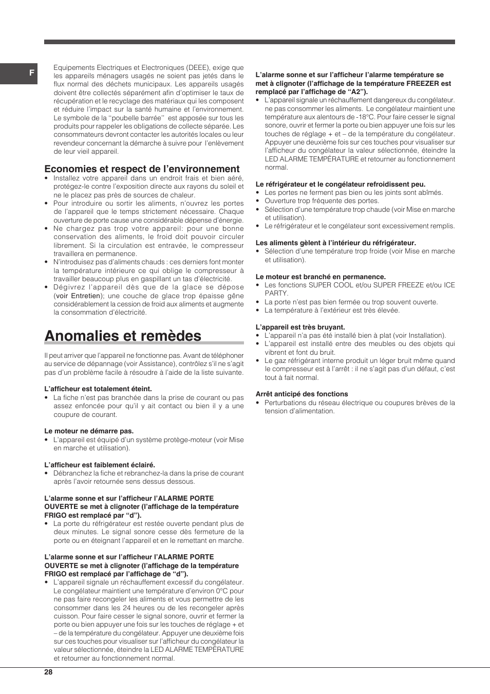 Anomalies et remèdes, Economies et respect de l’environnement | Hotpoint Ariston Combinato EBDH 18223 F User Manual | Page 28 / 52