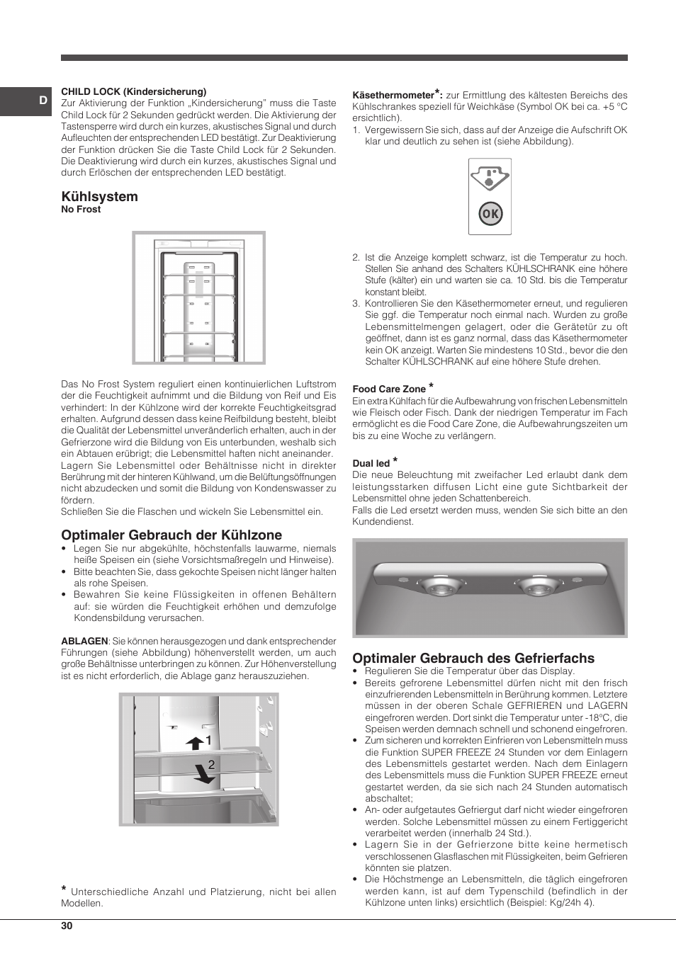 Kühlsystem, Optimaler gebrauch der kühlzone, Optimaler gebrauch des gefrierfachs | Hotpoint Ariston Combinato EBDH 18223 F User Manual | Page 30 / 52