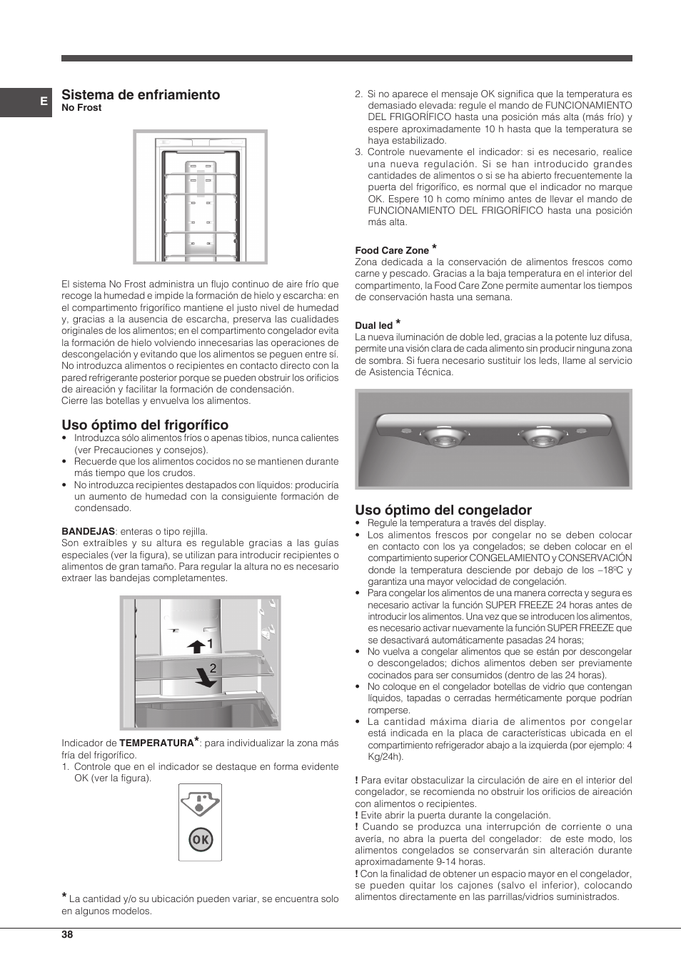 Sistema de enfriamiento, Uso óptimo del frigorífico, Uso óptimo del congelador | Hotpoint Ariston Combinato EBDH 18223 F User Manual | Page 38 / 52