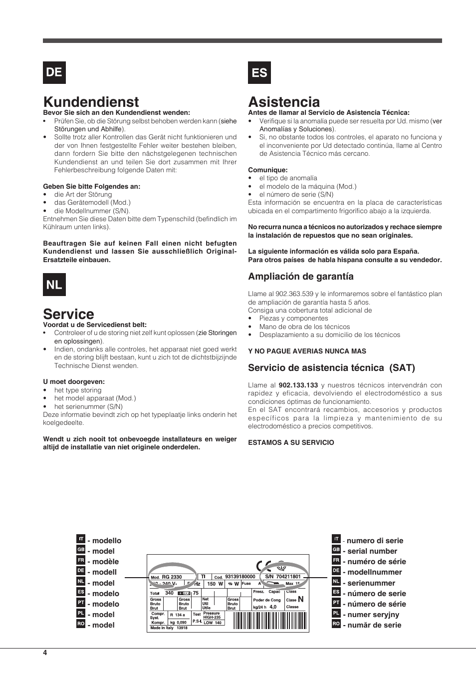 Kundendienst, Service, Asistencia | Ampliación de garantía, Servicio de asistencia técnica (sat) | Hotpoint Ariston Combinato EBDH 18223 F User Manual | Page 4 / 52