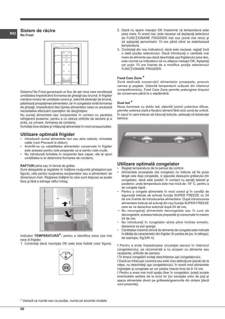 Sistem de răcire, Utilizare optimală frigider, Utilizare optimală congelator | Hotpoint Ariston Combinato EBDH 18223 F User Manual | Page 50 / 52