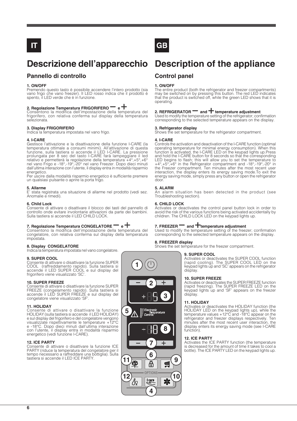 Descrizione dell’apparecchio, Description of the appliance, Pannello di controllo | Control panel | Hotpoint Ariston Combinato EBDH 18223 F User Manual | Page 6 / 52