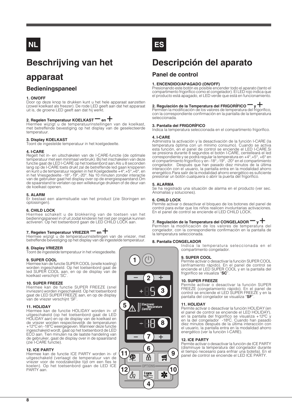 Beschrijving van het apparaat, Descripción del aparato, Bedieningspaneel | Panel de control | Hotpoint Ariston Combinato EBDH 18223 F User Manual | Page 8 / 52