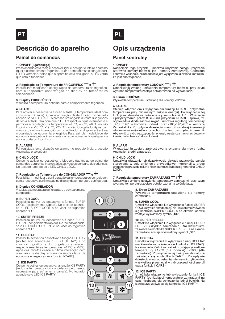 Descrição do aparelho, Opis urządzenia, Painel de comandos | Panel kontrolny | Hotpoint Ariston Combinato EBDH 18223 F User Manual | Page 9 / 52