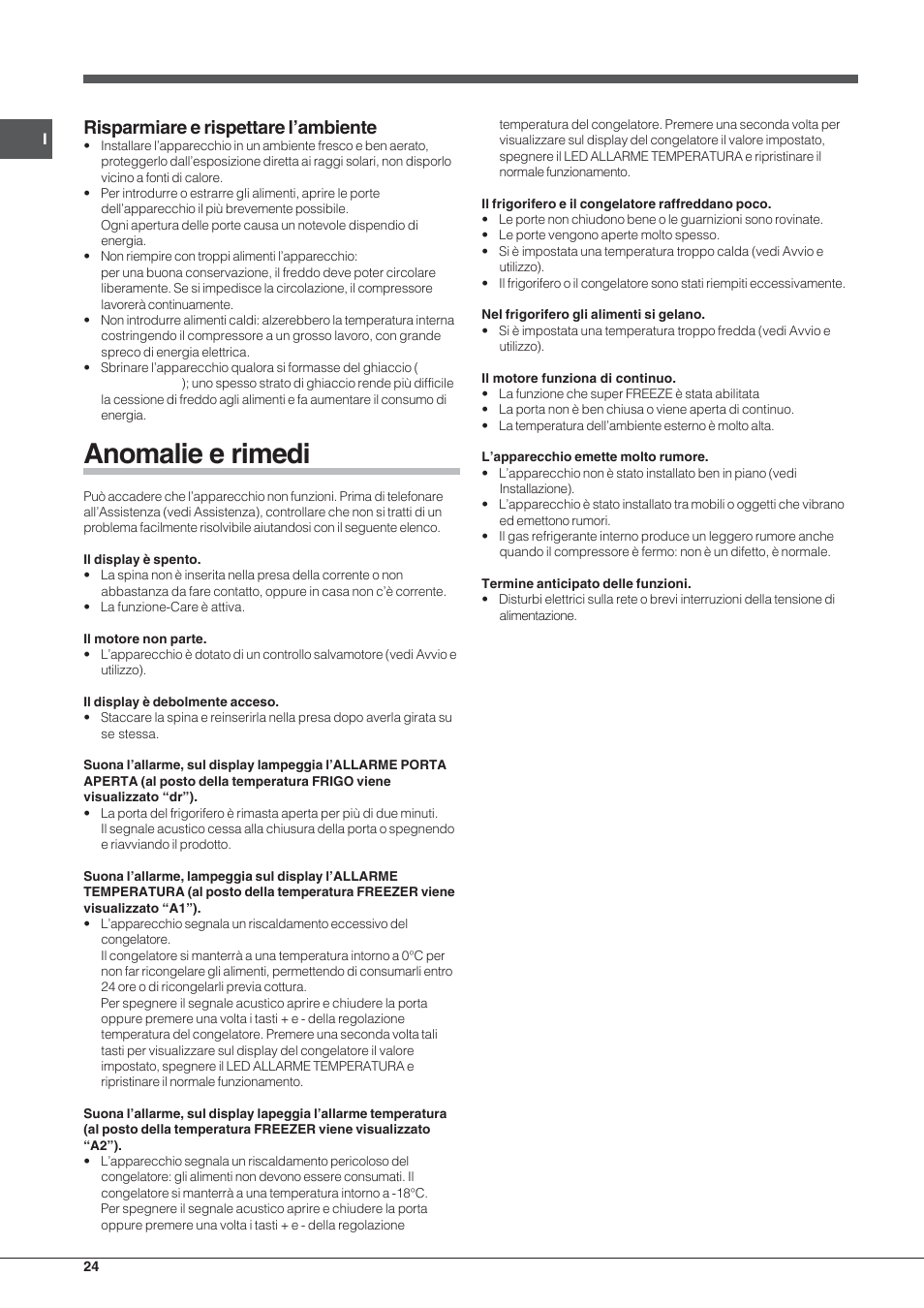 Anomalie e rimedi, Risparmiare e rispettare l’ambiente | Hotpoint Ariston Combinato EBYH 20320 V User Manual | Page 24 / 64