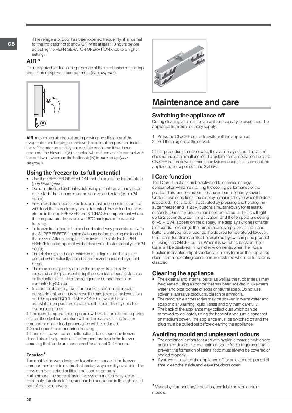 Maintenance and care, Using the freezer to its full potential, Switching the appliance off | I care function, Cleaning the appliance, Avoiding mould and unpleasant odours | Hotpoint Ariston Combinato EBYH 20320 V User Manual | Page 26 / 64