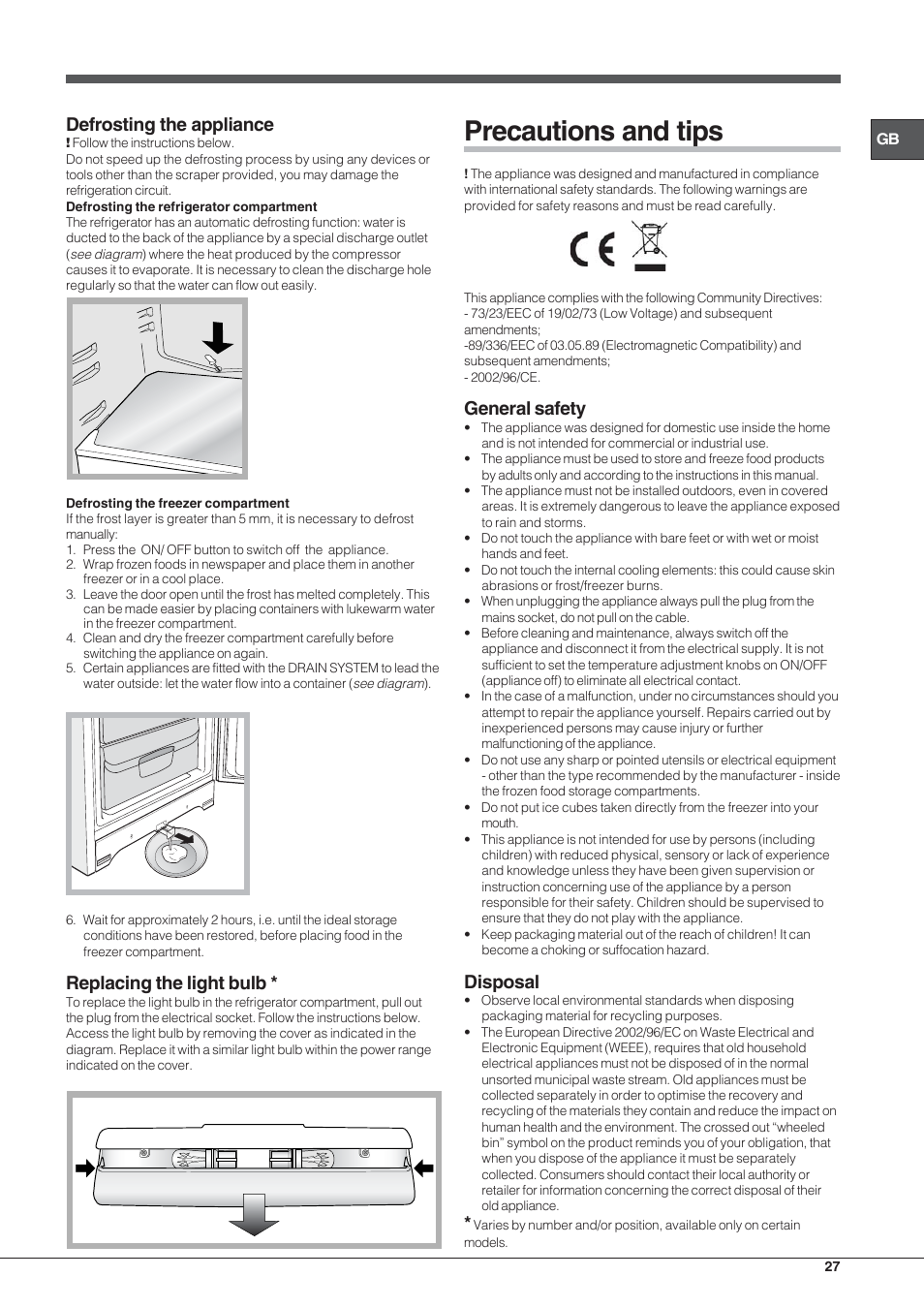 Precautions and tips, Defrosting the appliance, Replacing the light bulb | General safety, Disposal | Hotpoint Ariston Combinato EBYH 20320 V User Manual | Page 27 / 64