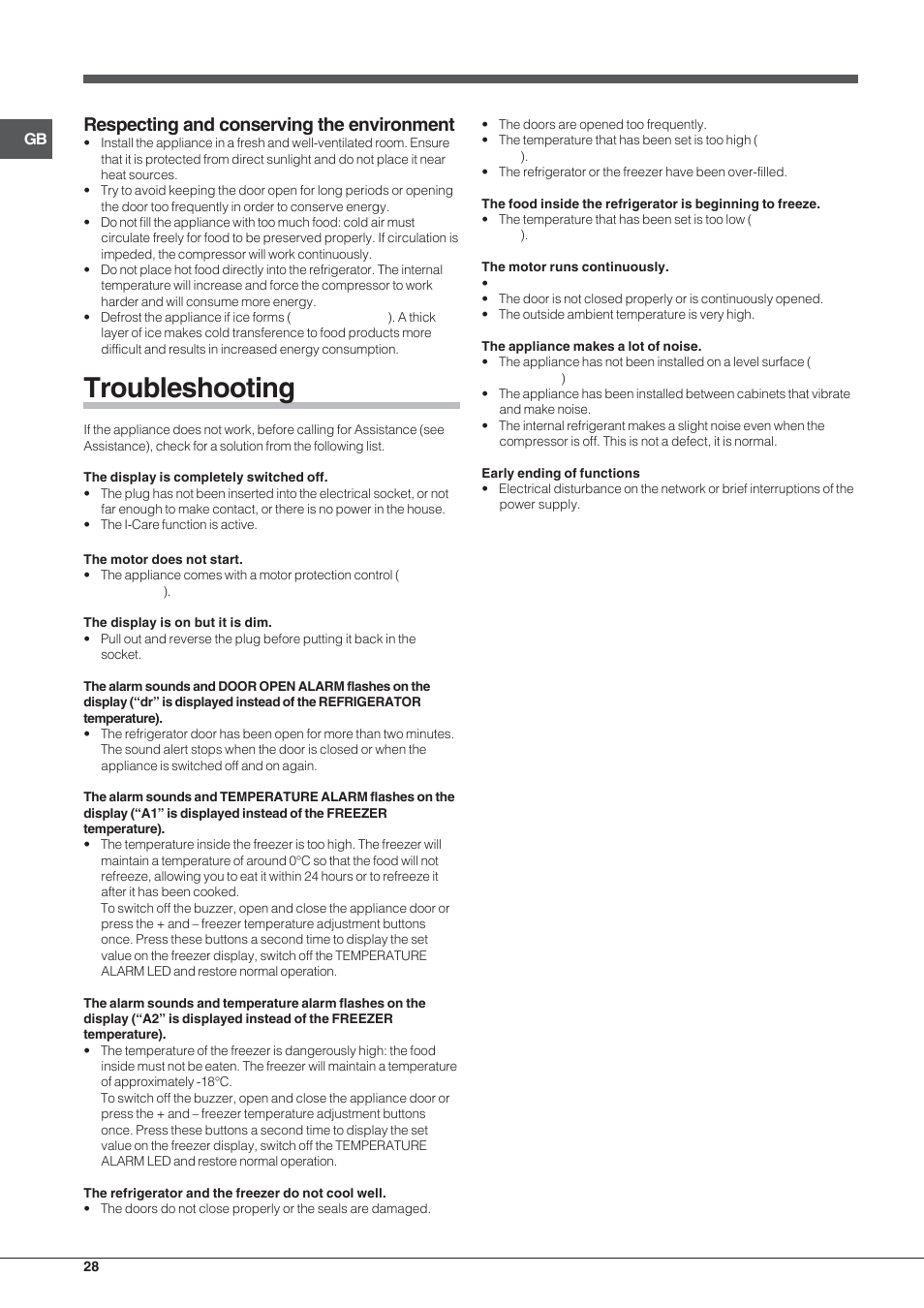 Troubleshooting, Respecting and conserving the environment | Hotpoint Ariston Combinato EBYH 20320 V User Manual | Page 28 / 64