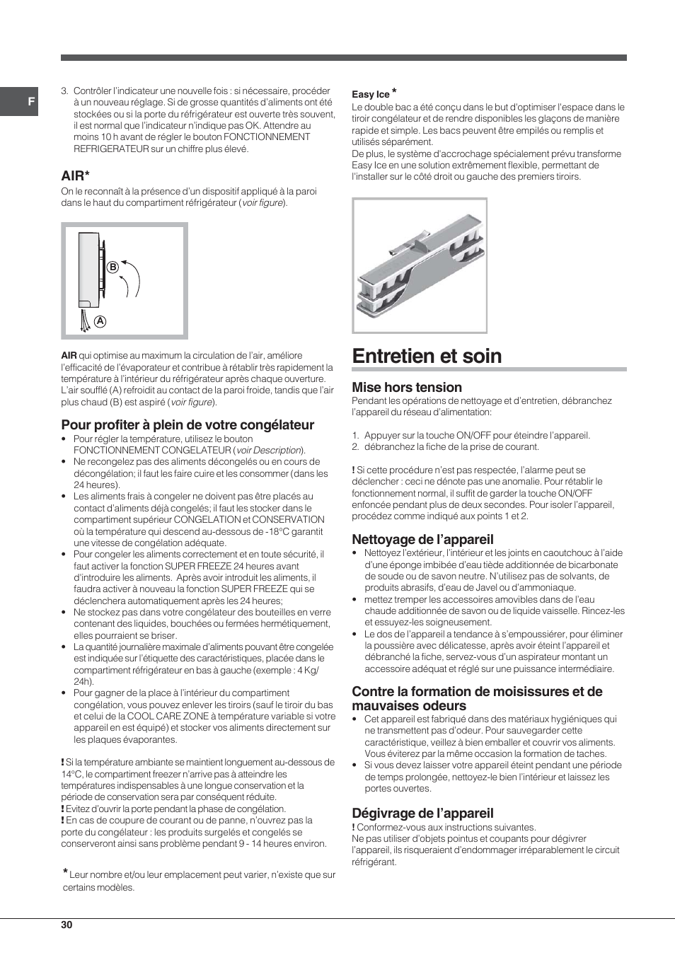 Entretien et soin, Pour profiter à plein de votre congélateur, Mise hors tension | Nettoyage de l’appareil, Dégivrage de l’appareil | Hotpoint Ariston Combinato EBYH 20320 V User Manual | Page 30 / 64