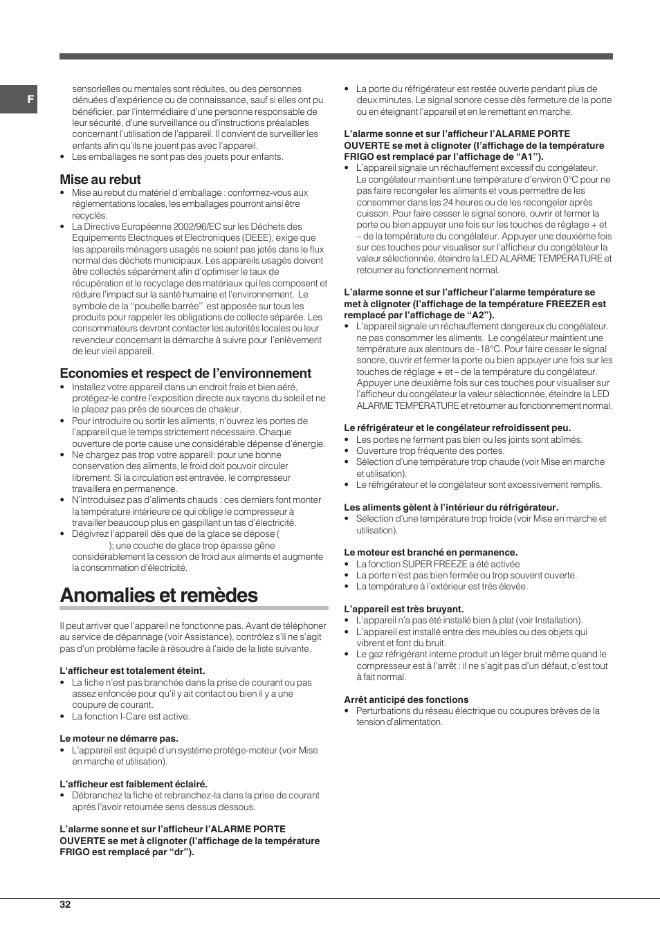 Anomalies et remèdes, Mise au rebut, Economies et respect de l’environnement | Hotpoint Ariston Combinato EBYH 20320 V User Manual | Page 32 / 64