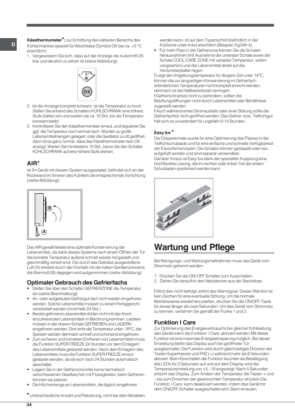 Wartung und pflege, Optimaler gebrauch des gefrierfachs, Funktion i care | Hotpoint Ariston Combinato EBYH 20320 V User Manual | Page 34 / 64