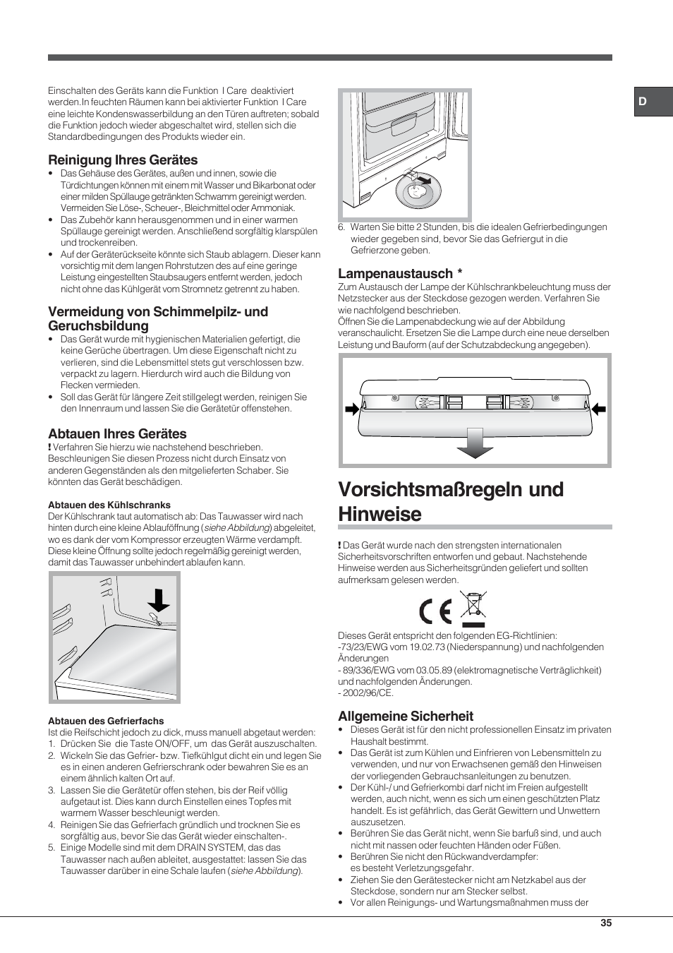 Vorsichtsmaßregeln und hinweise, Reinigung ihres gerätes, Vermeidung von schimmelpilz- und geruchsbildung | Abtauen ihres gerätes, Lampenaustausch, Allgemeine sicherheit | Hotpoint Ariston Combinato EBYH 20320 V User Manual | Page 35 / 64