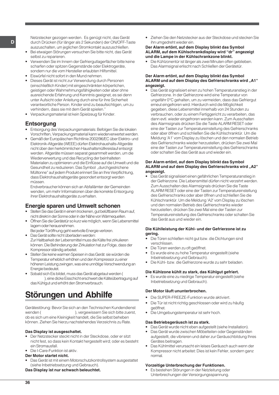 Störungen und abhilfe, Entsorgung, Energie sparen und umwelt schonen | Hotpoint Ariston Combinato EBYH 20320 V User Manual | Page 36 / 64