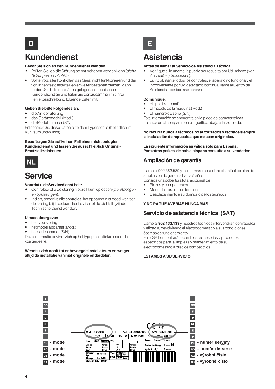 Kundendienst, Service, Asistencia | Ampliación de garantía, Servicio de asistencia técnica (sat) | Hotpoint Ariston Combinato EBYH 20320 V User Manual | Page 4 / 64
