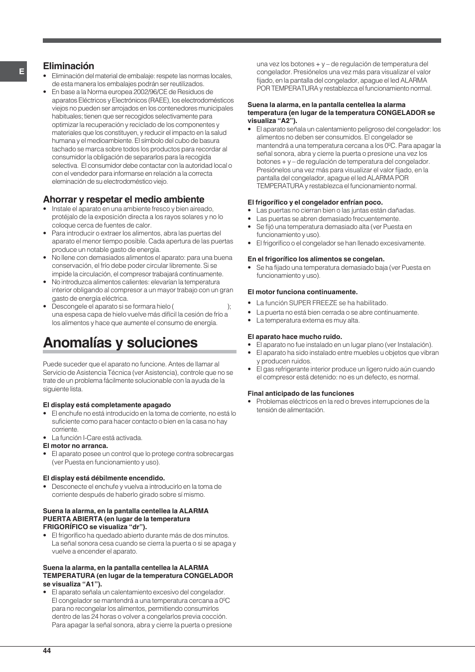 Anomalías y soluciones, Eliminación, Ahorrar y respetar el medio ambiente | Hotpoint Ariston Combinato EBYH 20320 V User Manual | Page 44 / 64