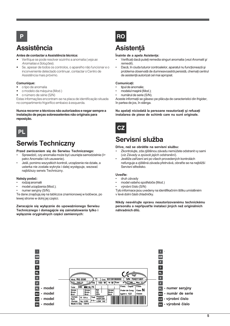 Assistência | Hotpoint Ariston Combinato EBYH 20320 V User Manual | Page 5 / 64