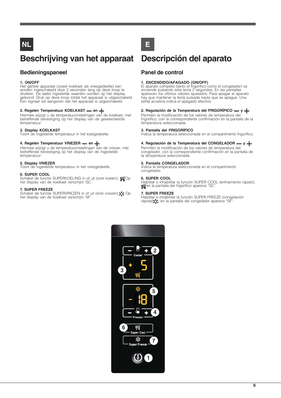 Beschrijving van het apparaat, Descripción del aparato, Bedieningspaneel | Panel de control | Hotpoint Ariston Combinato EBYH 20320 V User Manual | Page 9 / 64