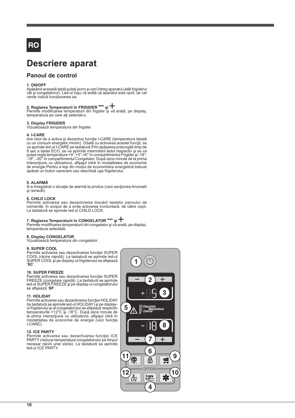 Descriere aparat, Panoul de control | Hotpoint Ariston Combinato EBD 18323 F User Manual | Page 10 / 52