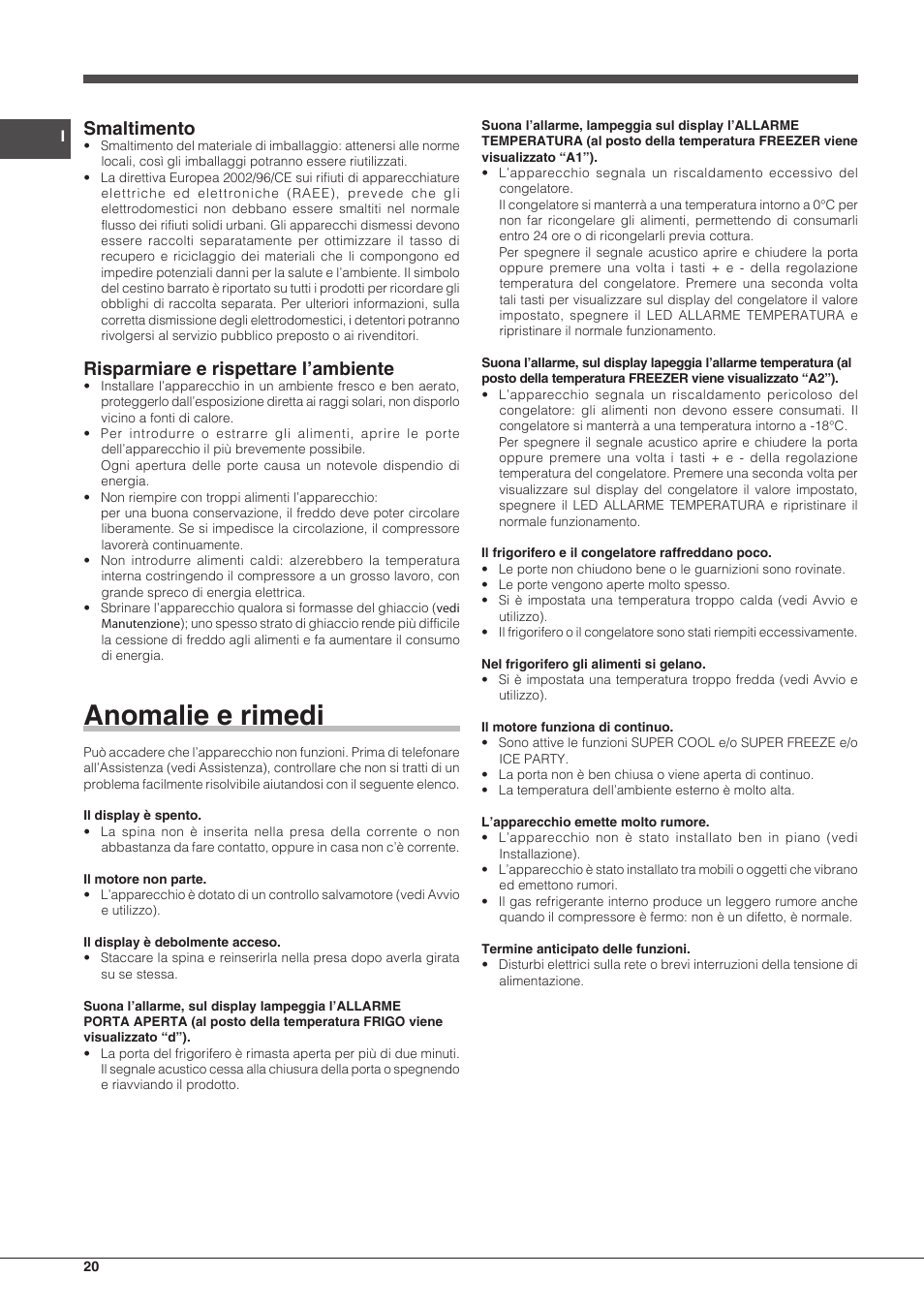 Anomalie e rimedi, Smaltimento, Risparmiare e rispettare l’ambiente | Hotpoint Ariston Combinato EBD 18323 F User Manual | Page 20 / 52