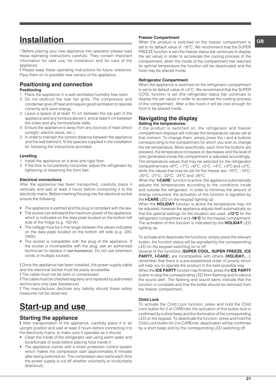 Installation, Start-up and use, Positioning and connection | Starting the appliance, Navigating the display | Hotpoint Ariston Combinato EBD 18323 F User Manual | Page 21 / 52