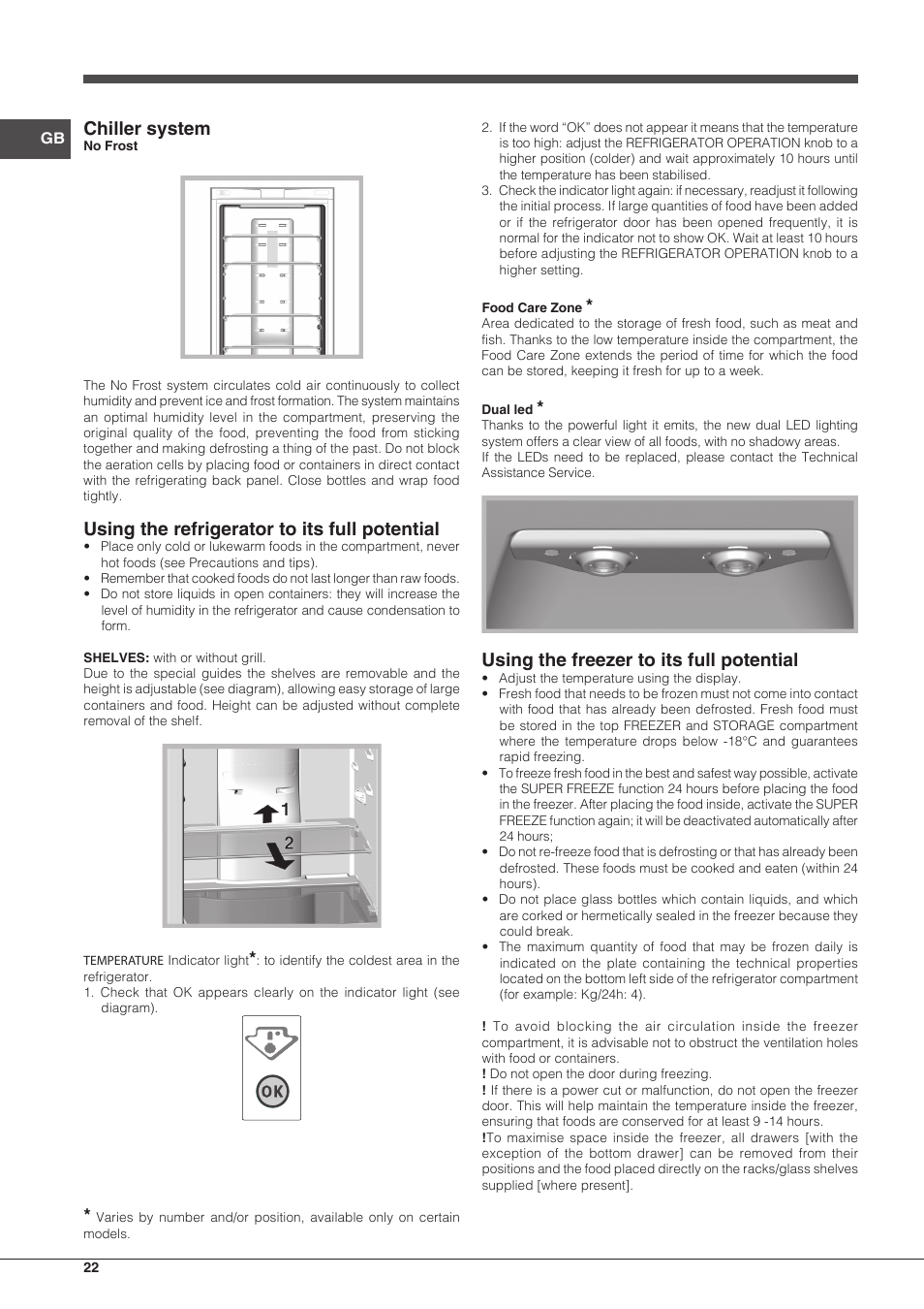 Chiller system, Using the refrigerator to its full potential, Using the freezer to its full potential | Hotpoint Ariston Combinato EBD 18323 F User Manual | Page 22 / 52