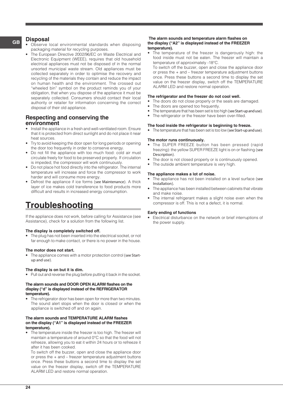 Troubleshooting, Disposal, Respecting and conserving the environment | Hotpoint Ariston Combinato EBD 18323 F User Manual | Page 24 / 52