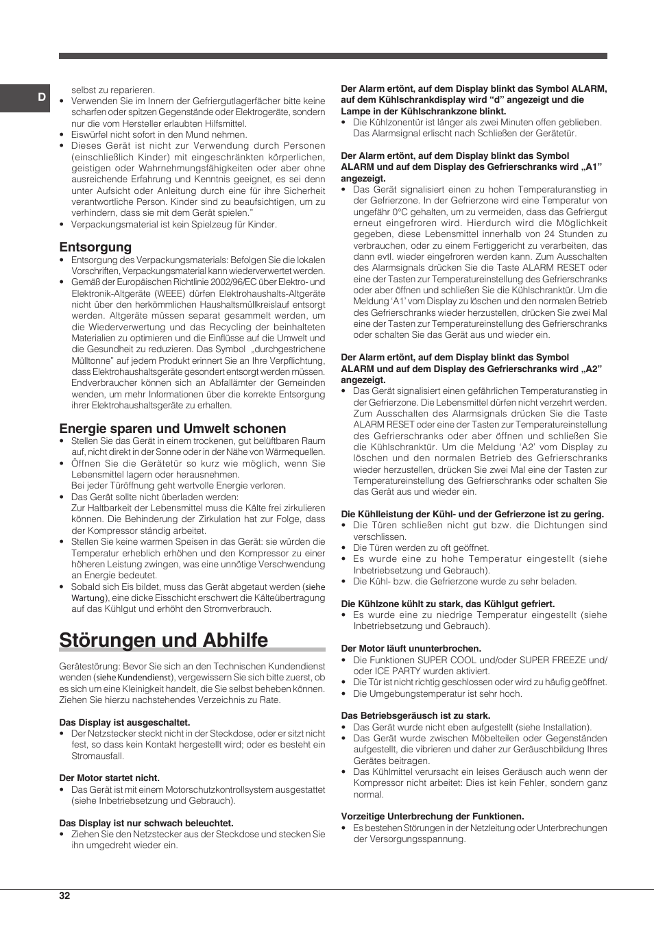 Störungen und abhilfe, Entsorgung, Energie sparen und umwelt schonen | Hotpoint Ariston Combinato EBD 18323 F User Manual | Page 32 / 52