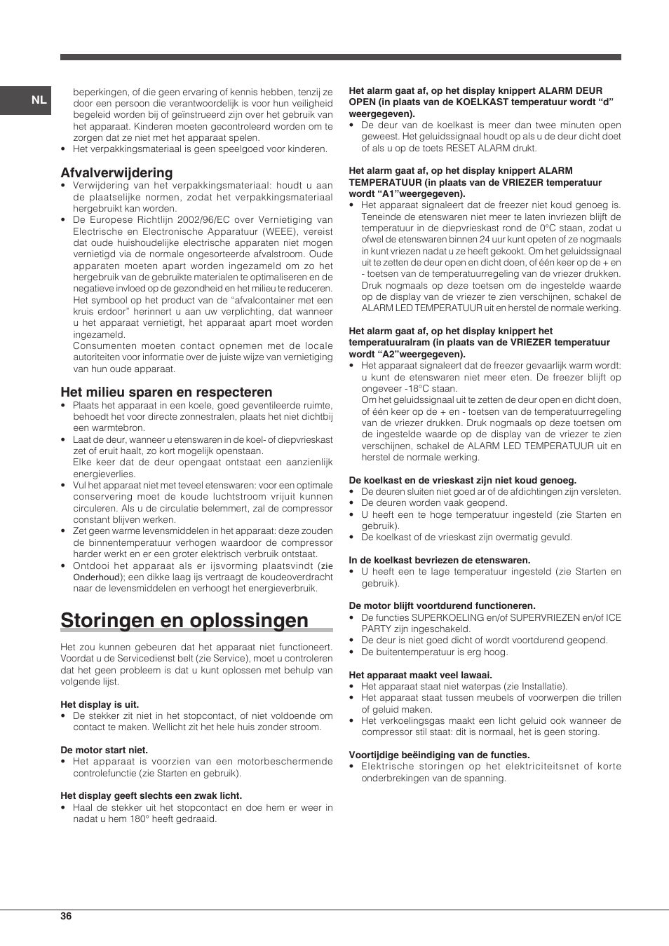 Storingen en oplossingen, Afvalverwijdering, Het milieu sparen en respecteren | Hotpoint Ariston Combinato EBD 18323 F User Manual | Page 36 / 52