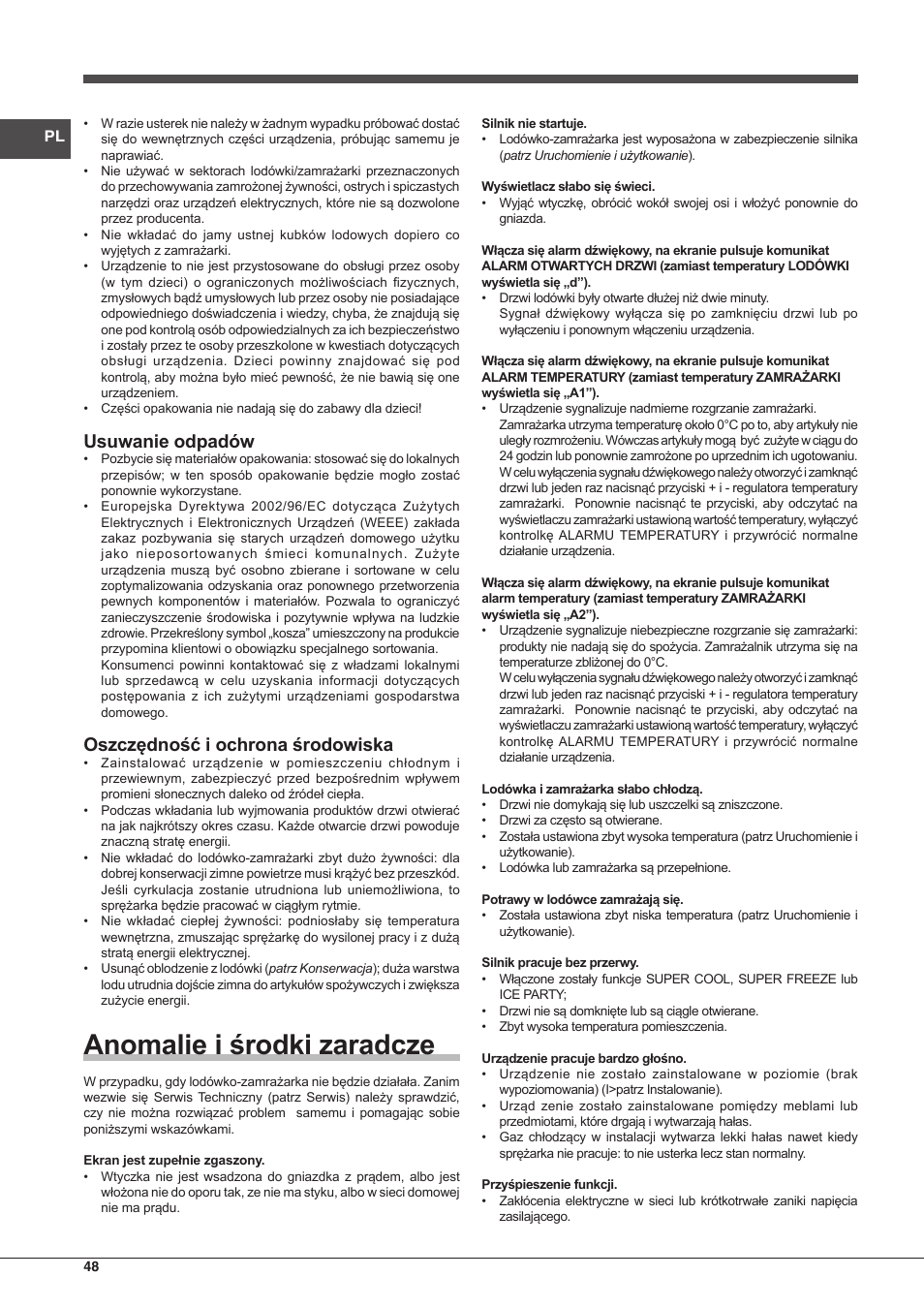 Anomalie i środki zaradcze, Usuwanie odpadów, Oszczędność i ochrona środowiska | Hotpoint Ariston Combinato EBD 18323 F User Manual | Page 48 / 52