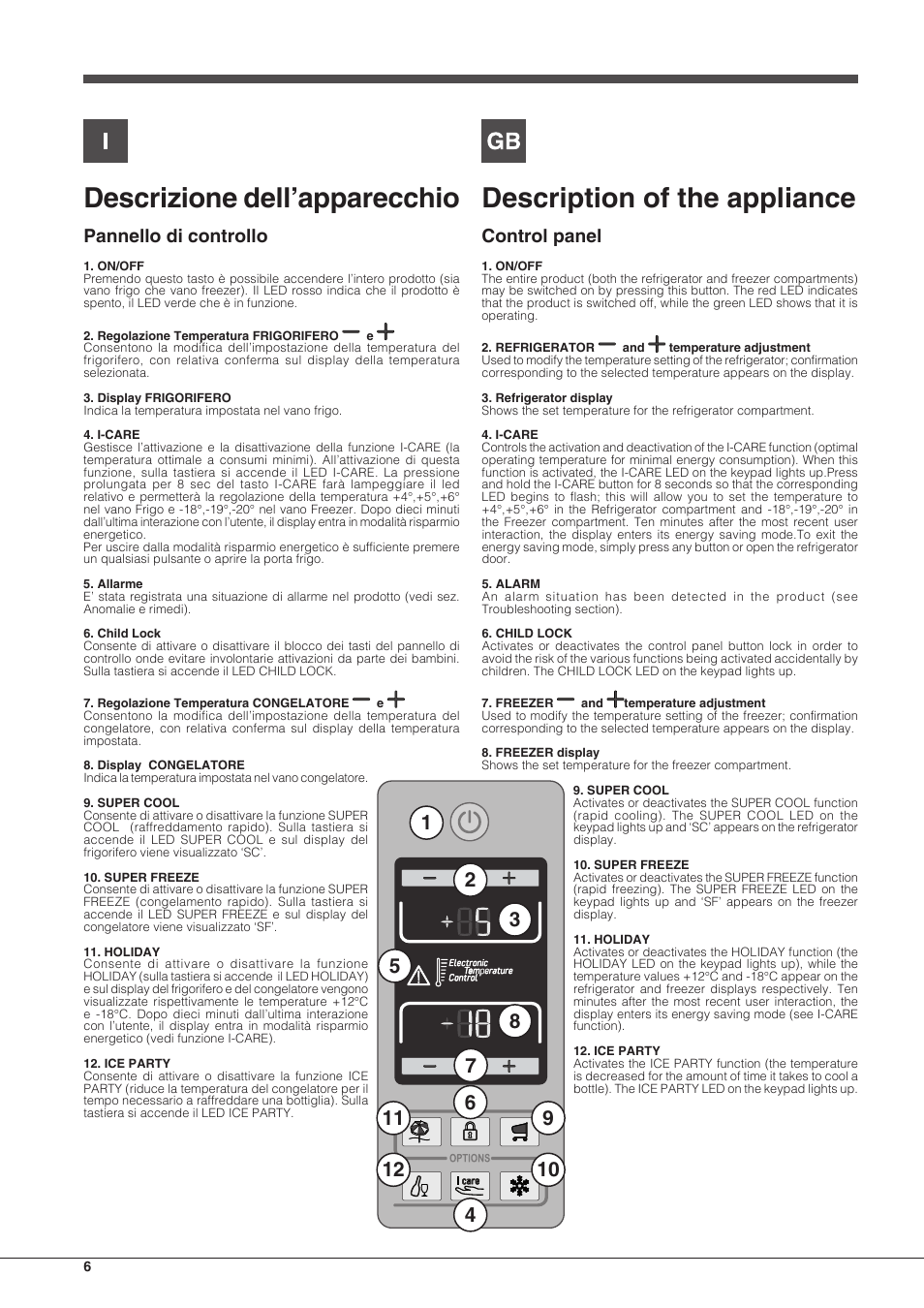 Descrizione dell’apparecchio, Description of the appliance, Pannello di controllo | Control panel | Hotpoint Ariston Combinato EBD 18323 F User Manual | Page 6 / 52