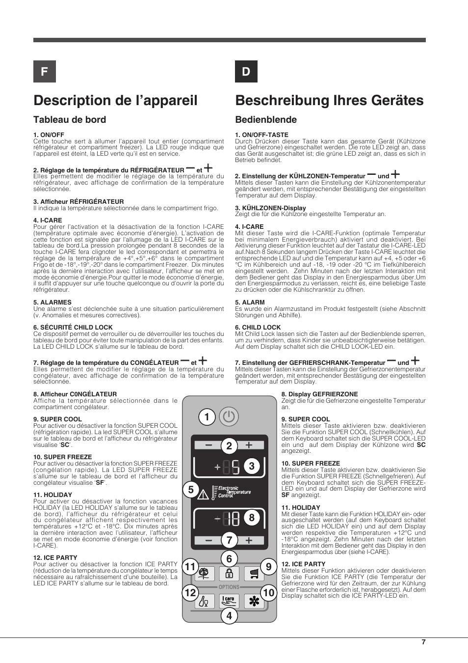 Description de l’appareil, Beschreibung ihres gerätes, Tableau de bord | Bedienblende | Hotpoint Ariston Combinato EBD 18323 F User Manual | Page 7 / 52