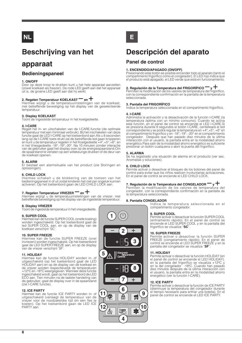 Beschrijving van het apparaat, Descripción del aparato, Bedieningspaneel | Panel de control | Hotpoint Ariston Combinato EBD 18323 F User Manual | Page 8 / 52