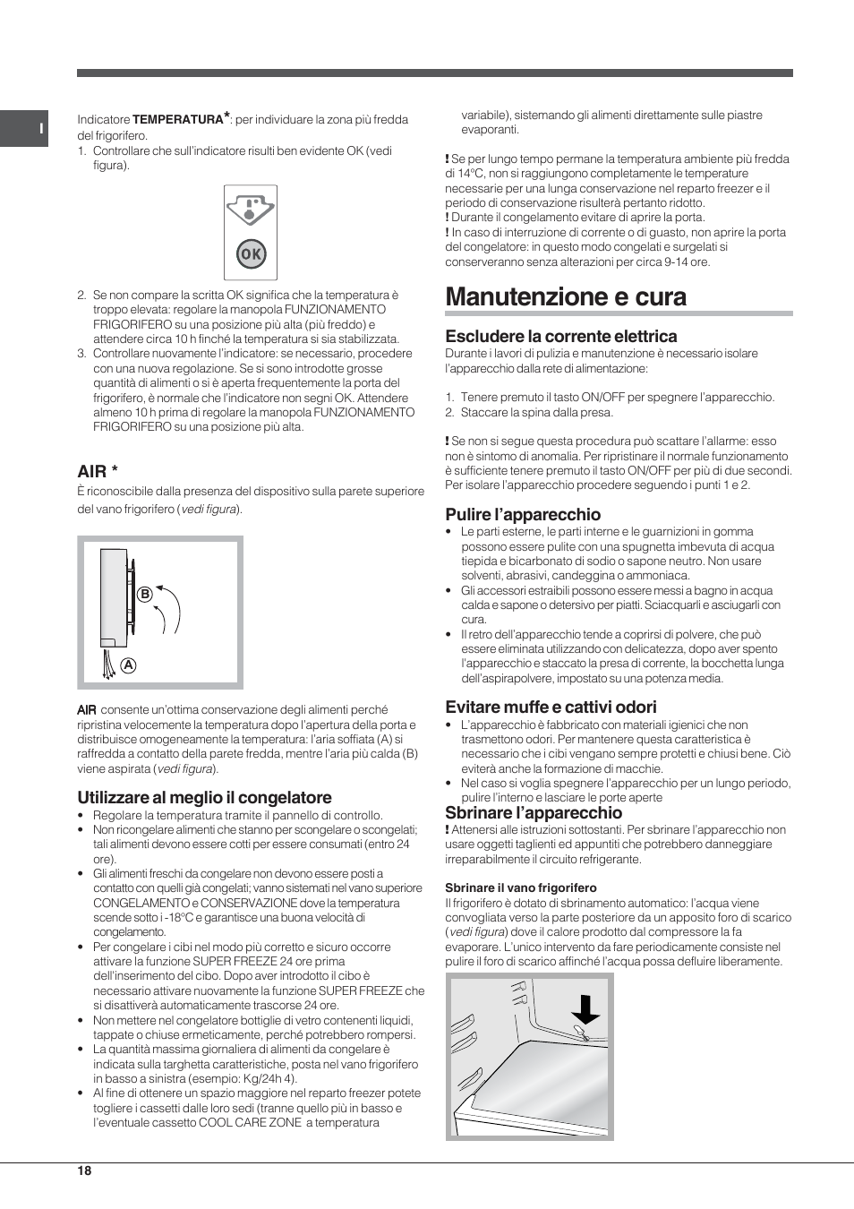 Manutenzione e cura, Utilizzare al meglio il congelatore, Escludere la corrente elettrica | Pulire l’apparecchio, Evitare muffe e cattivi odori, Sbrinare l’apparecchio | Hotpoint Ariston SDSY 17xx V x User Manual | Page 18 / 60